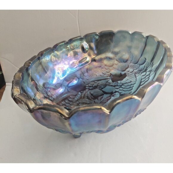 Vintage Indiana Carnival Large Glass Footed Harvest Fruit Bowl Iridescent Blue - Picture 1 of 13